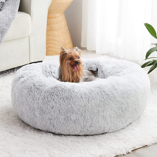 Calming Dog Bed & Cat Bed, Anti-Anxiety Donut Small Dog Bed, Fluffy Faux Fur Cat Cushion Dog Bed for Small Dogs and Cats (24 X 24 Inch, Light Grey)