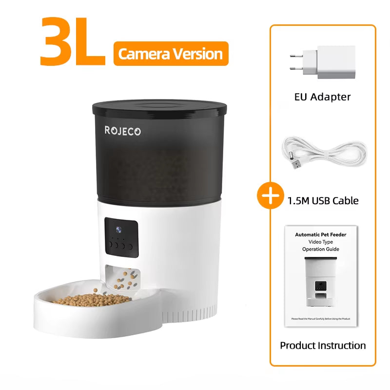 3L Automatic Dog Feeder with Camera Smart Dog Food Container for Pets Cats Auto Food Dispenser with Stainless Steel Bowl